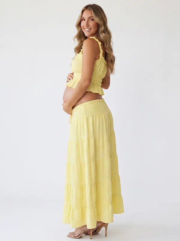 Butter Yellow Smocked Two Piece Maternity Maxi Skirt Set with Square Neck Cropped Top for Baby Shower, Maternity Photoshoot, Pregnancy Announcement, Babymoon, Spring Picnic and Garden Party | Bumplook
