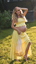 Butter Yellow Smocked Two Piece Maternity Maxi Skirt Set with Square Neck Cropped Top for Baby Shower, Maternity Photoshoot, Pregnancy Announcement, Babymoon, Spring Picnic and Garden Party | Bumplook