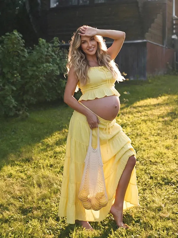 Butter Yellow Smocked Two Piece Maternity Maxi Skirt Set with Square Neck Cropped Top for Baby Shower, Maternity Photoshoot, Pregnancy Announcement, Babymoon, Spring Picnic and Garden Party | Bumplook