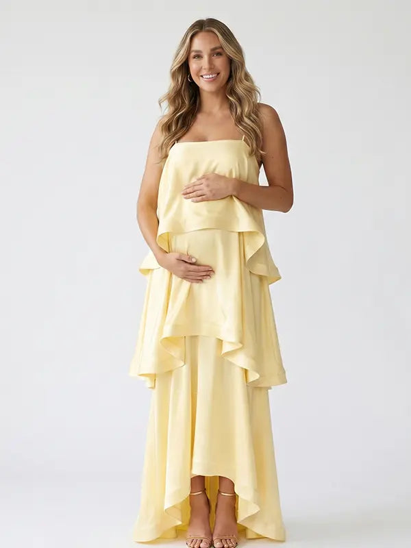butter yellow tiered ruffle maternity maxi dress with spaghetti straps