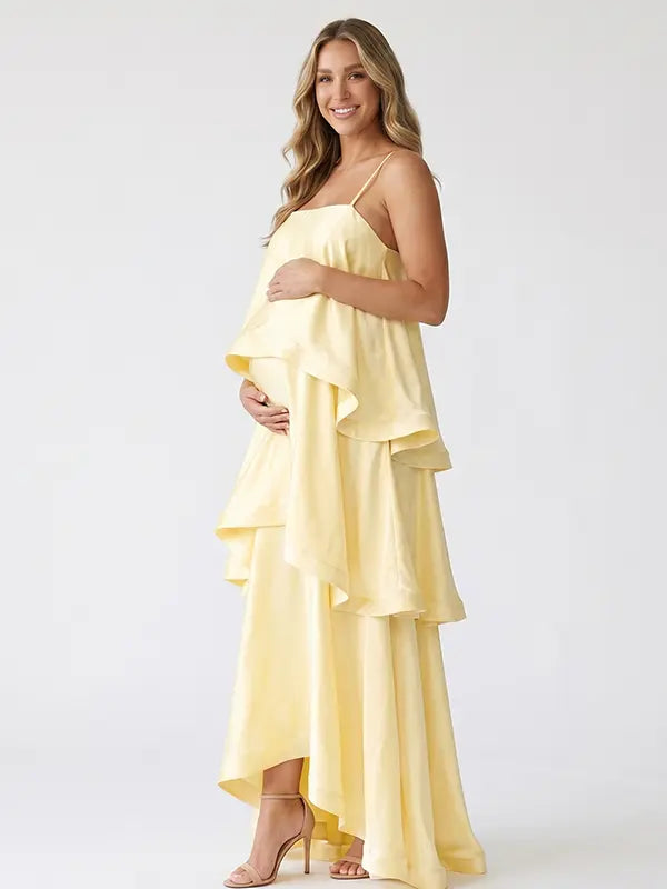 butter yellow tiered ruffle maternity maxi dress with spaghetti straps