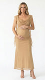 champagne beige maternity gown with draped neckline and cascading mesh ruffle details