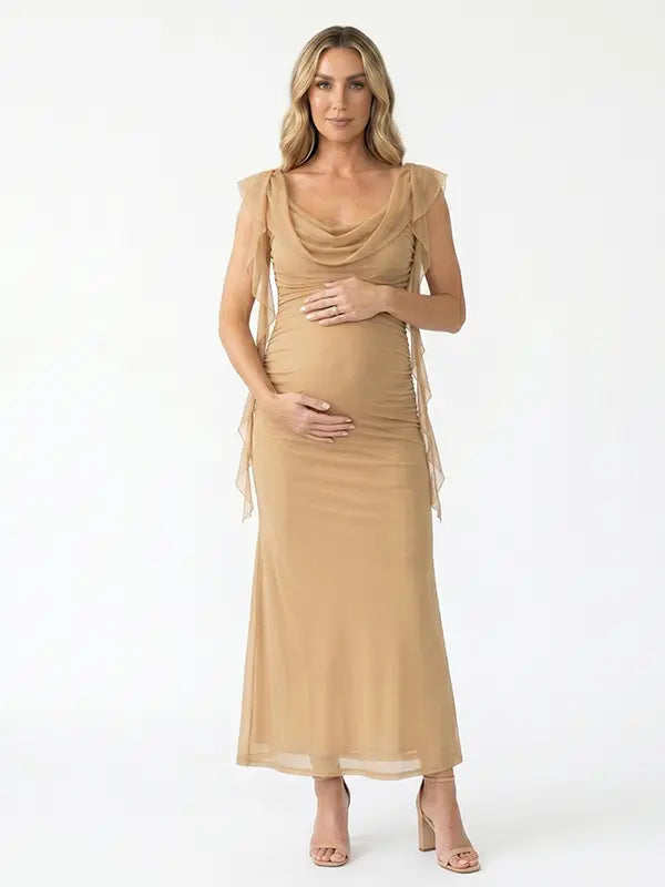 champagne beige maternity gown with draped neckline and cascading mesh ruffle details