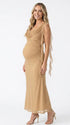 champagne beige maternity gown with draped neckline and cascading mesh ruffle details