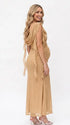 champagne beige maternity gown with draped neckline and cascading mesh ruffle details