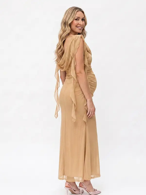 champagne beige maternity gown with draped neckline and cascading mesh ruffle details