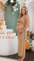 champagne beige maternity gown with draped neckline and cascading mesh ruffle details