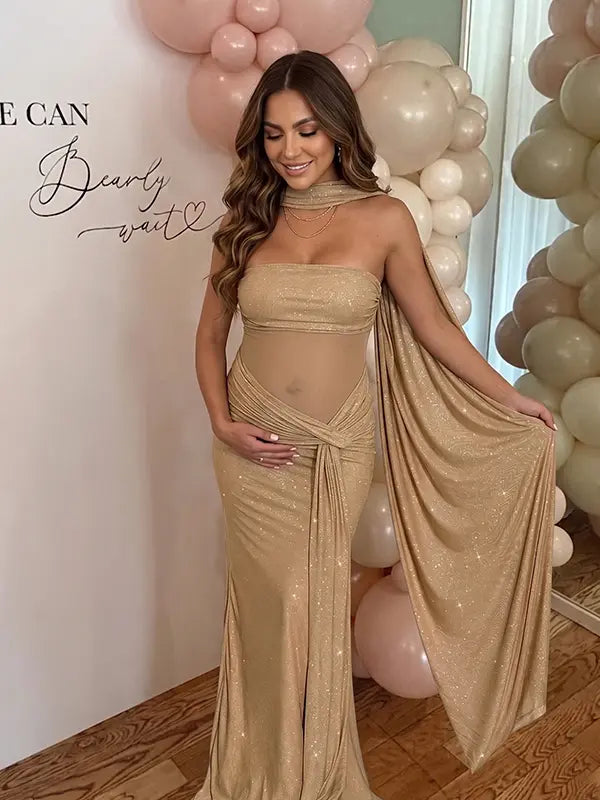 luxury champagne maternity dress with glitter mesh fabric and draped sleeves for maternity photoshoot