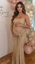 luxury champagne maternity dress with glitter mesh fabric and draped sleeves for maternity photoshoot