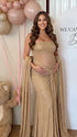 luxury champagne maternity dress with glitter mesh fabric and draped sleeves for maternity photoshoot