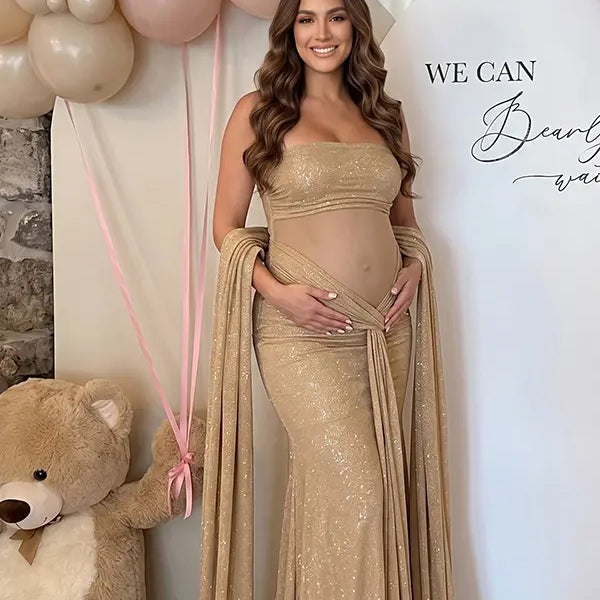 luxury champagne maternity dress with glitter mesh fabric and draped sleeves for maternity photoshoot