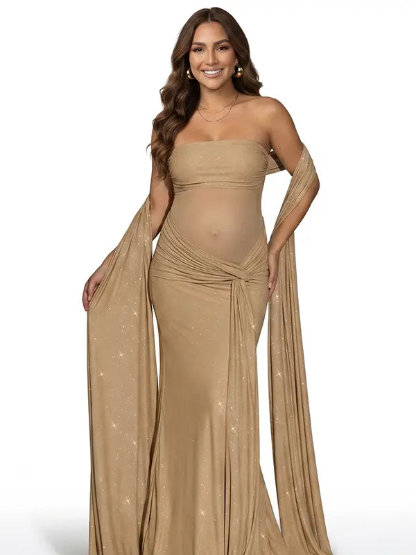 champagne glitter maternity maxi dress sheer mesh bodycon pregnancy gown