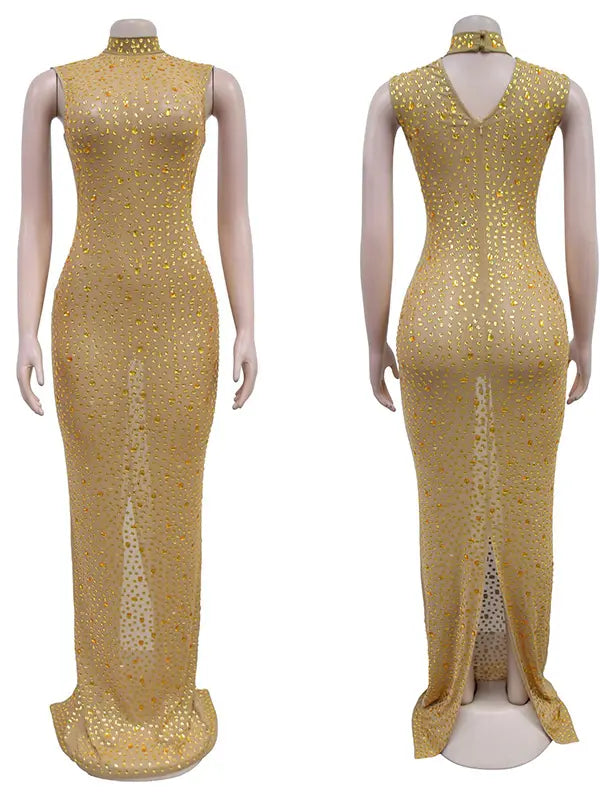champagne gold rhinestone maternity gown with mock neck and mermaid silhouette