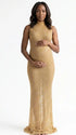 champagne gold rhinestone maternity gown with mock neck and mermaid silhouette