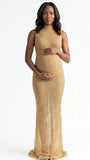 champagne gold rhinestone maternity gown with mock neck and mermaid silhouette