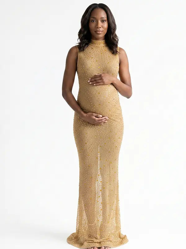 champagne gold rhinestone maternity gown with mock neck and mermaid silhouette