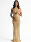 Champagne Gold Rhinestone Maternity Gown – Sparkly Mock Neck Pregnancy Dress with Mermaid Hem