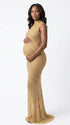 champagne gold rhinestone maternity gown with mock neck and mermaid silhouette