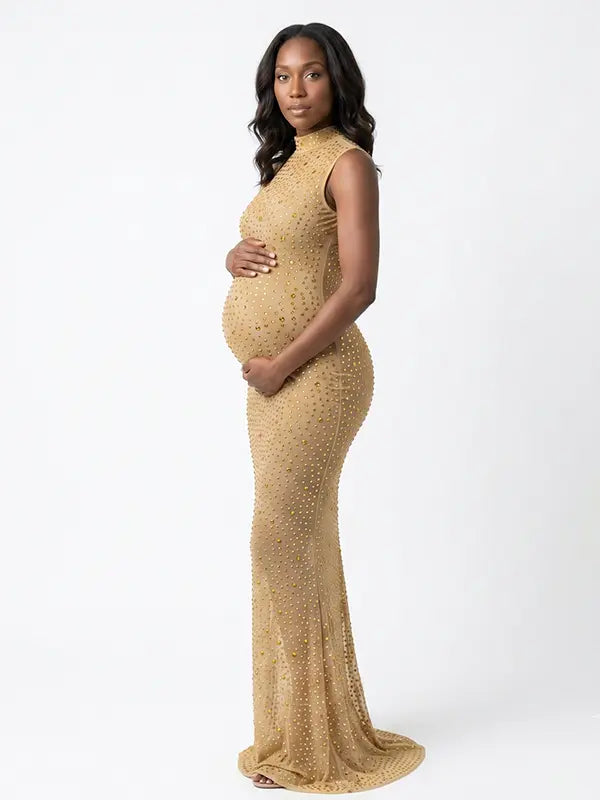 champagne gold rhinestone maternity gown with mock neck and mermaid silhouette