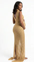 champagne gold rhinestone maternity gown with mock neck and mermaid silhouette
