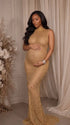 champagne gold rhinestone maternity gown with mock neck and mermaid silhouette