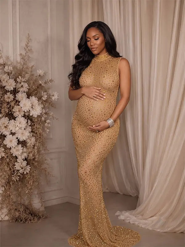 champagne gold rhinestone maternity gown with mock neck and mermaid silhouette
