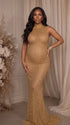 champagne gold rhinestone maternity gown with mock neck and mermaid silhouette