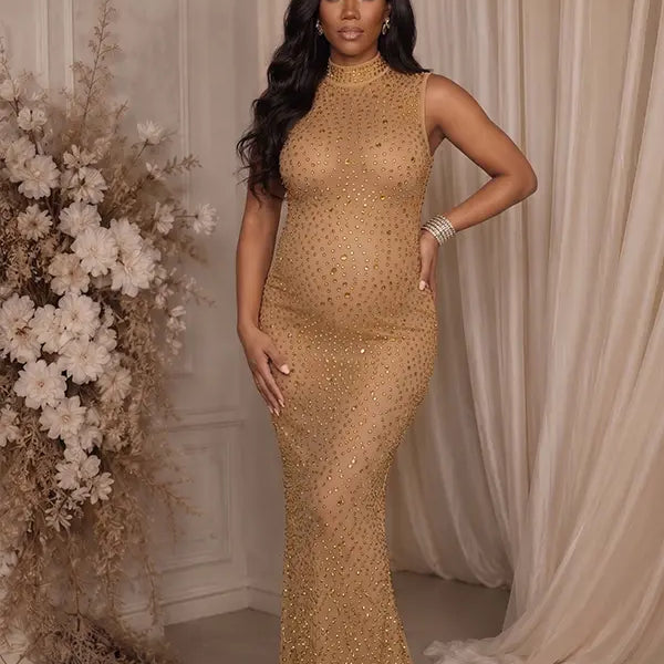 champagne gold rhinestone maternity gown with mock neck and mermaid silhouette