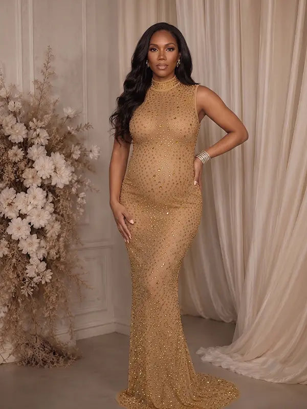 champagne gold rhinestone maternity gown with mock neck and mermaid silhouette
