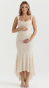 champagne jacquard maternity midi dress with corset bodice and high low hem