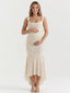 Champagne Jacquard Maternity Midi Dress – Corset Pregnancy Dress with Ruched Detail & High Low Hem