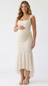 champagne jacquard maternity midi dress with corset bodice and high low hem