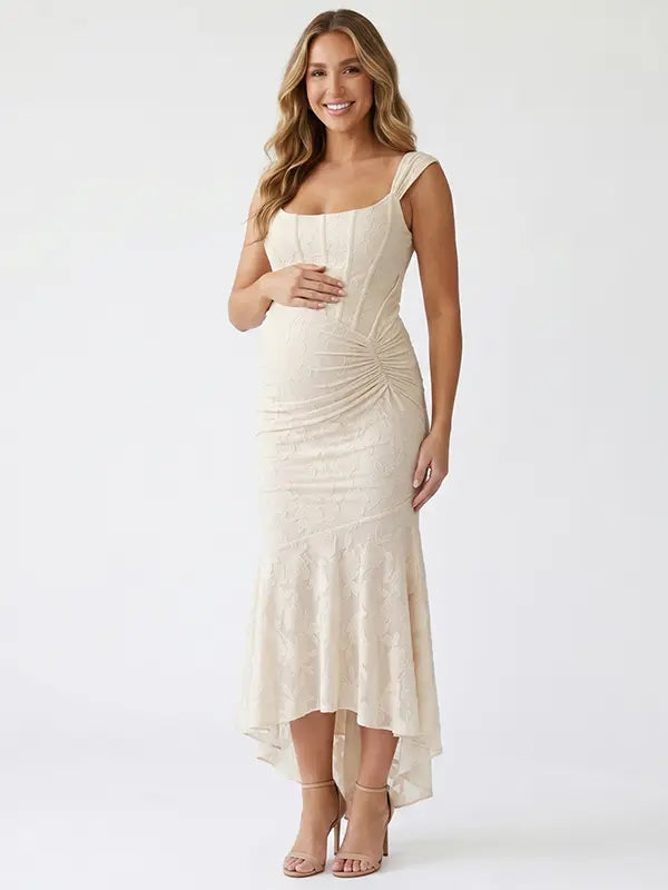 champagne jacquard maternity midi dress with corset bodice and high low hem