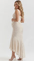 champagne jacquard maternity midi dress with corset bodice and high low hem