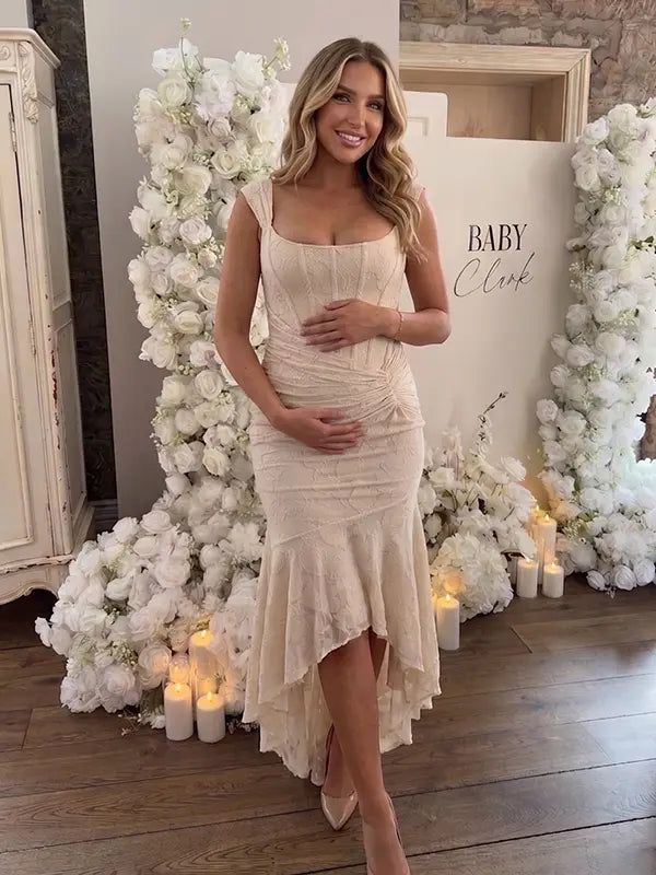 champagne jacquard maternity midi dress with corset bodice and high low hem