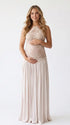 Champagne Lace Pleated Maternity Dress, Fine Art Pregnancy Gown for Baby Shower, Maternity Photoshoot, Gender Reveal, Pregnancy Announcement, Wedding Guest, Bridal Shower, Formal Events | Bumplook