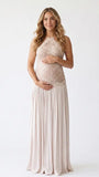 Champagne Lace Pleated Maternity Dress, Fine Art Pregnancy Gown for Baby Shower, Maternity Photoshoot, Gender Reveal, Pregnancy Announcement, Wedding Guest, Bridal Shower, Formal Events | Bumplook