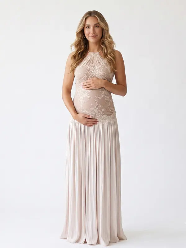 Champagne Lace Pleated Maternity Dress, Fine Art Pregnancy Gown for Baby Shower, Maternity Photoshoot, Gender Reveal, Pregnancy Announcement, Wedding Guest, Bridal Shower, Formal Events | Bumplook