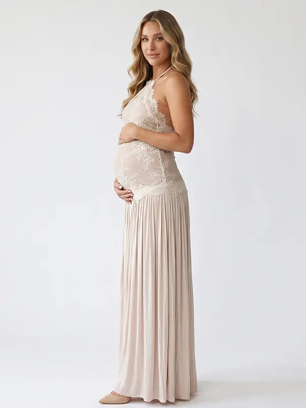 Champagne Lace Pleated Maternity Dress, Fine Art Pregnancy Gown for Baby Shower, Maternity Photoshoot, Gender Reveal, Pregnancy Announcement, Wedding Guest, Bridal Shower, Formal Events | Bumplook