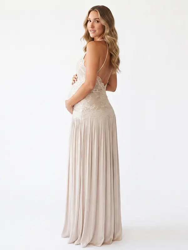 Champagne Lace Pleated Maternity Dress, Fine Art Pregnancy Gown for Baby Shower, Maternity Photoshoot, Gender Reveal, Pregnancy Announcement, Wedding Guest, Bridal Shower, Formal Events | Bumplook