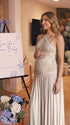 Champagne Lace Pleated Maternity Dress, Fine Art Pregnancy Gown for Baby Shower, Maternity Photoshoot, Gender Reveal, Pregnancy Announcement, Wedding Guest, Bridal Shower, Formal Events | Bumplook