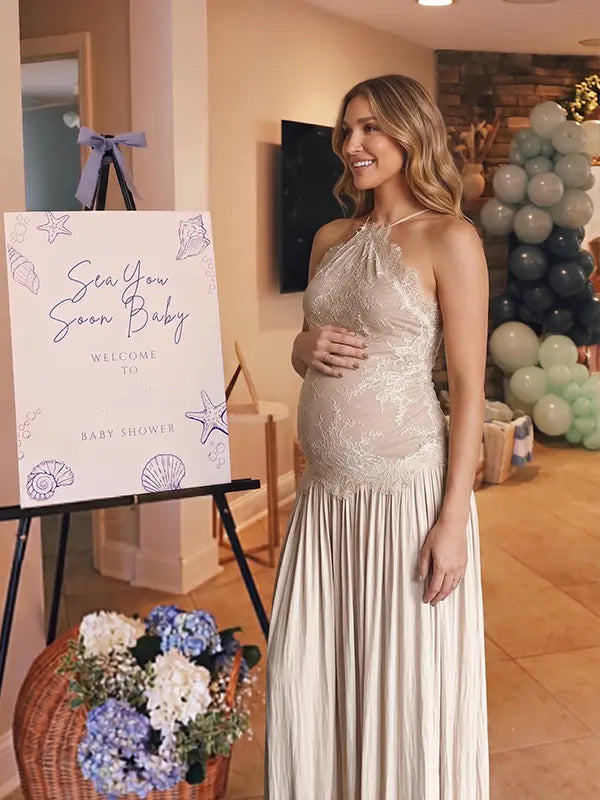 Champagne Lace Pleated Maternity Dress, Fine Art Pregnancy Gown for Baby Shower, Maternity Photoshoot, Gender Reveal, Pregnancy Announcement, Wedding Guest, Bridal Shower, Formal Events | Bumplook