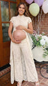 Champagne Lace Two Piece Maternity Photoshoot Pants Set with Mock Neck Crop Top, Open Belly Design and Wide Leg Pants for Baby Shower, Pregnancy Announcement, Studio Portrait and Fine Art Maternity Photography | Bumplook