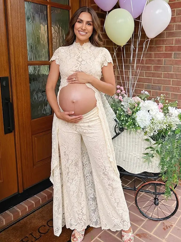 Champagne Lace Two Piece Maternity Photoshoot Pants Set with Mock Neck Crop Top, Open Belly Design and Wide Leg Pants for Baby Shower, Pregnancy Announcement, Studio Portrait and Fine Art Maternity Photography | Bumplook