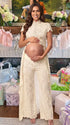 Champagne Lace Two Piece Maternity Photoshoot Pants Set with Mock Neck Crop Top, Open Belly Design and Wide Leg Pants for Baby Shower, Pregnancy Announcement, Studio Portrait and Fine Art Maternity Photography | Bumplook
