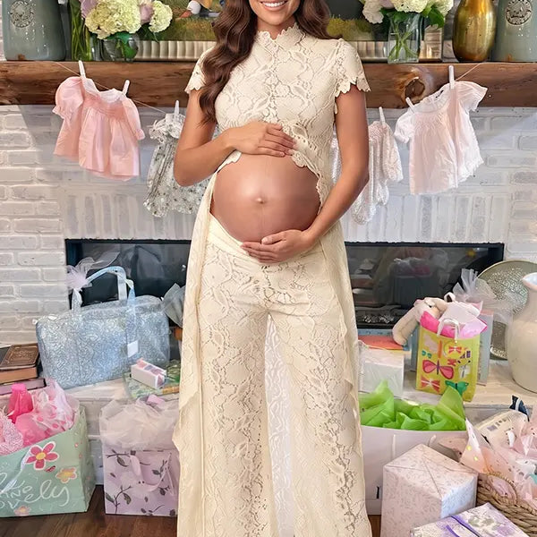 Champagne Lace Two Piece Maternity Photoshoot Pants Set with Mock Neck Crop Top, Open Belly Design and Wide Leg Pants for Baby Shower, Pregnancy Announcement, Studio Portrait and Fine Art Maternity Photography | Bumplook