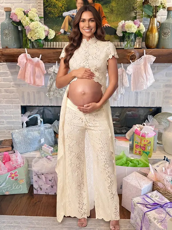 Champagne Lace Two Piece Maternity Photoshoot Pants Set with Mock Neck Crop Top, Open Belly Design and Wide Leg Pants for Baby Shower, Pregnancy Announcement, Studio Portrait and Fine Art Maternity Photography | Bumplook