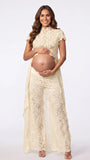 Champagne Lace Two Piece Maternity Photoshoot Pants Set with Mock Neck Crop Top, Open Belly Design and Wide Leg Pants for Baby Shower, Pregnancy Announcement, Studio Portrait and Fine Art Maternity Photography | Bumplook