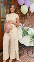 Champagne Lace Two Piece Maternity Photoshoot Pants Set with Mock Neck Crop Top, Open Belly Design and Wide Leg Pants for Baby Shower, Pregnancy Announcement, Studio Portrait and Fine Art Maternity Photography | Bumplook