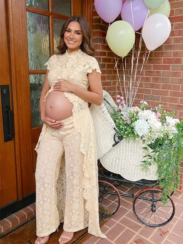 Champagne Lace Two Piece Maternity Photoshoot Pants Set with Mock Neck Crop Top, Open Belly Design and Wide Leg Pants for Baby Shower, Pregnancy Announcement, Studio Portrait and Fine Art Maternity Photography | Bumplook